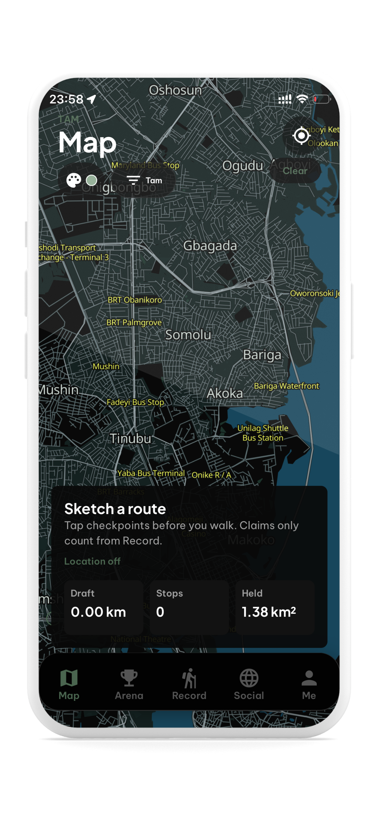 Tam map showing streets and held territory