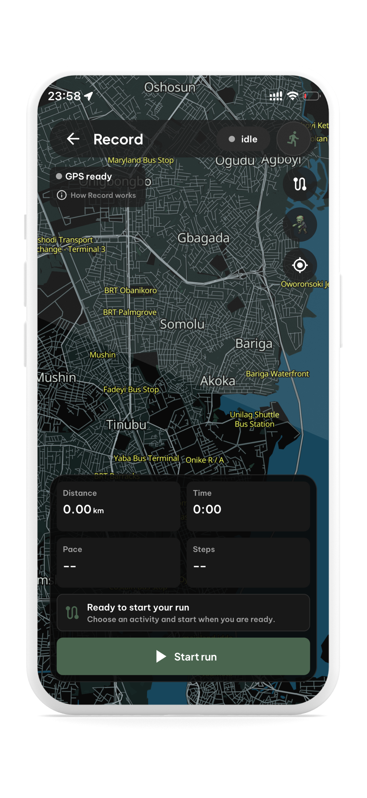 Tam Record screen ready to start a walk